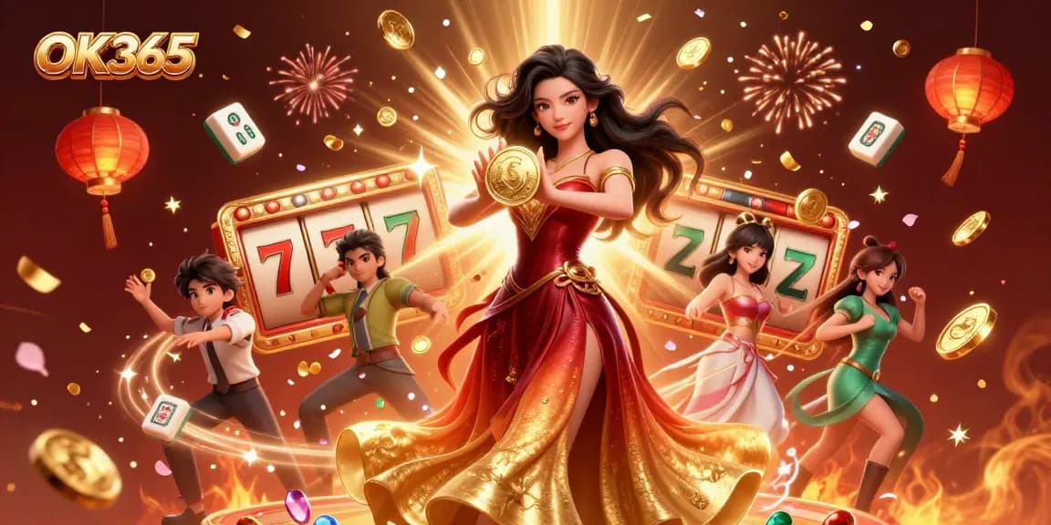 Experience thrilling gameplay at OK365, featuring a stunning Asian woman and rich casino elements in a celebratory atmosphere.