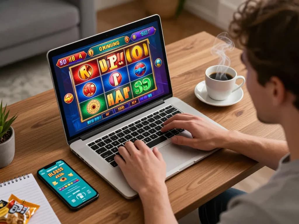 Player engaging with bl5555 online slots while enjoying coffee in cozy home setup.