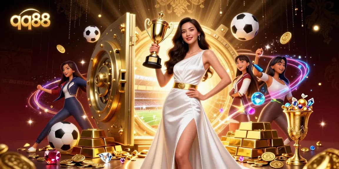 Experience the excitement of qq88 with a victorious woman celebrating over sports betting riches.