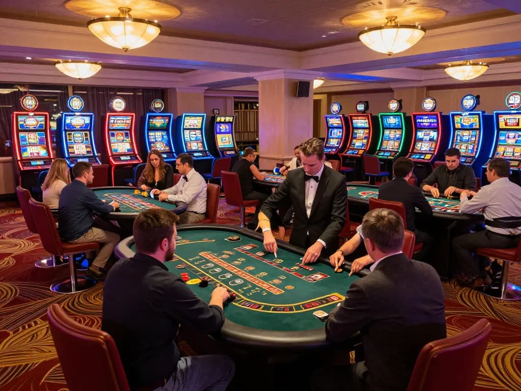 Players enjoying an exciting evening at TG 88 casino, betting on roulette and blackjack tables under vibrant lights.
