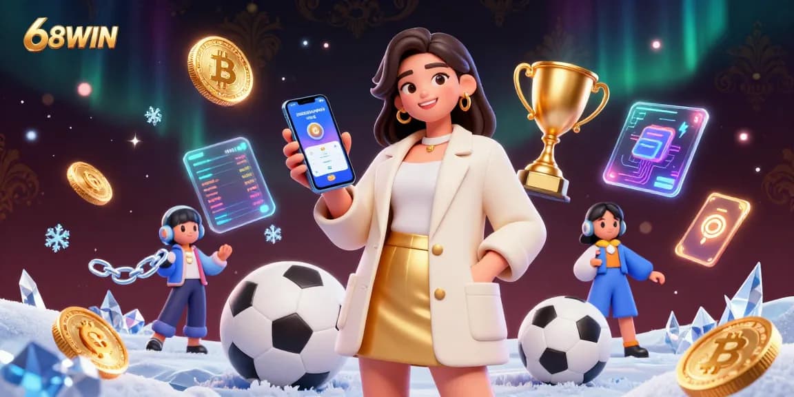 Engage in exciting gaming at 68WIN with a vibrant digital illustration showcasing a friendly Asian woman enjoying sports betting.