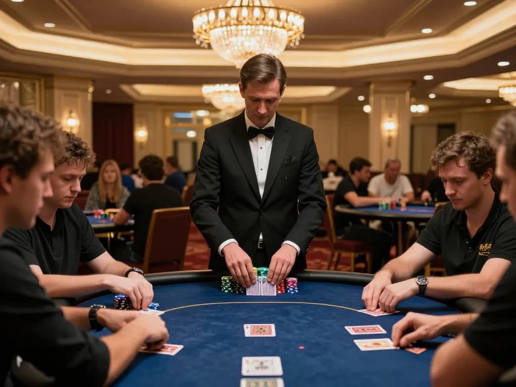 Jun88 players strategizing at a poker table in an upscale casino environment