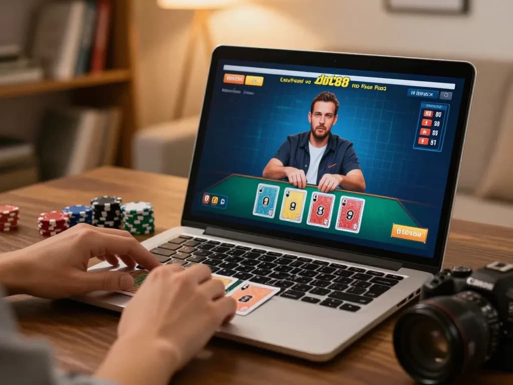 Player making a strategic move in dh88 online blackjack game at home.