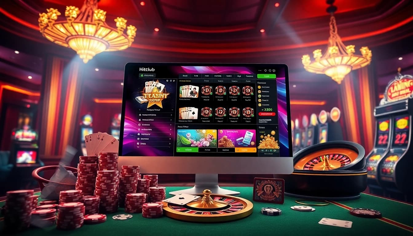 Tải Hitclub app showcased on a luxurious desktop in an exciting online casino scene.