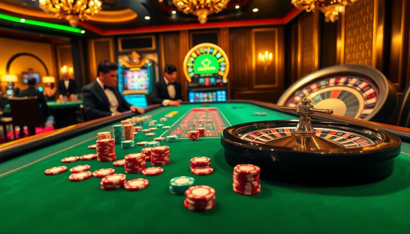 Experience thrilling action at the UU881 casino with vibrant poker chips and a roulette wheel.