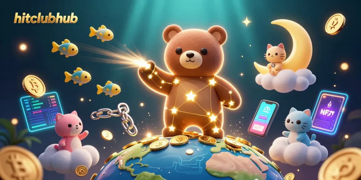 Experience the vibrant gaming adventure at hitclubhub with glowing crypto coins and celestial characters.