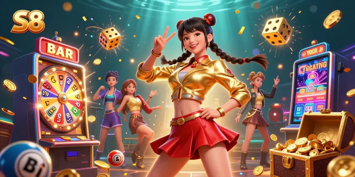 S8 jackpot celebration with vibrant lottery elements, spinning wheel, and exciting slots.