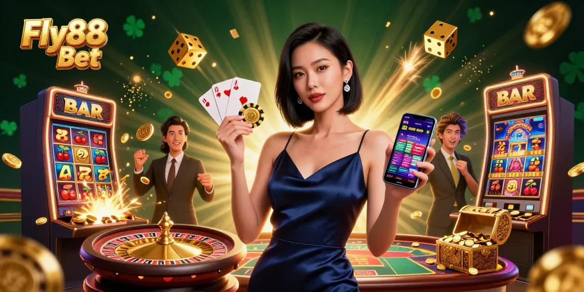 Engage in thrilling gameplay with Fly88 Bet, featuring stunning visuals of a confident woman & vibrant casino elements.