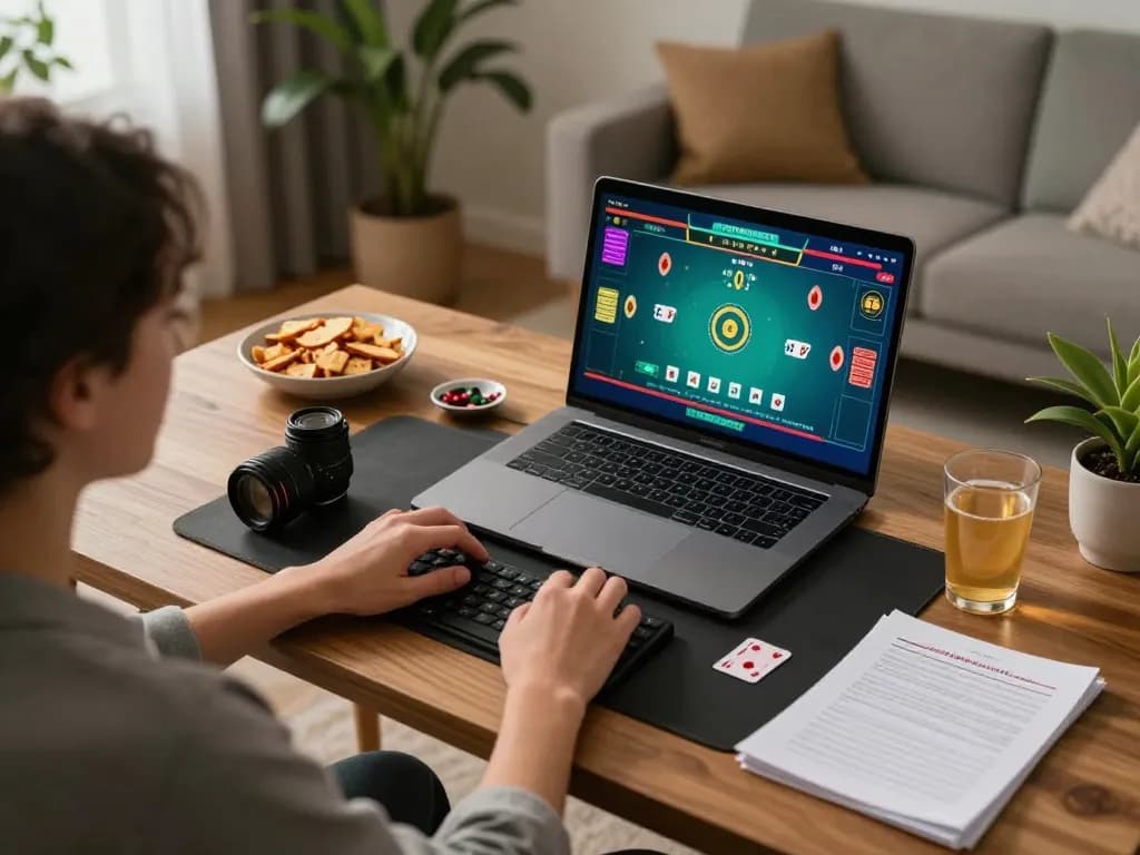 Engaging in online blackjack at home with U888 on a laptop, showcasing a cozy gaming setup.