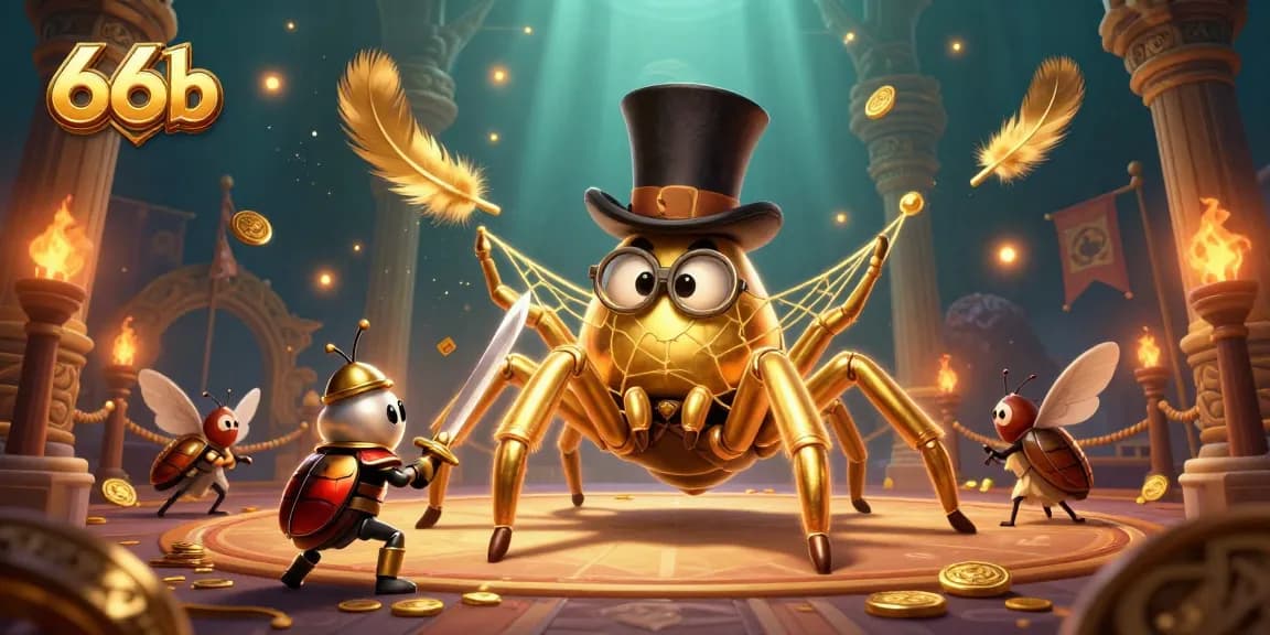 Engage with 66b's vibrant casino scene featuring a golden tarantula, knight, and lively moth spectators.