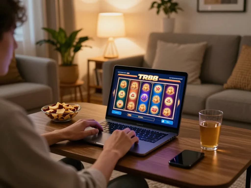 Player enjoying TR88 slots on a cozy home setup, experiencing thrilling gameplay.