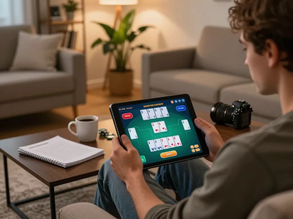 LUCK8 player strategizing in cozy home atmosphere with online poker interface visible.