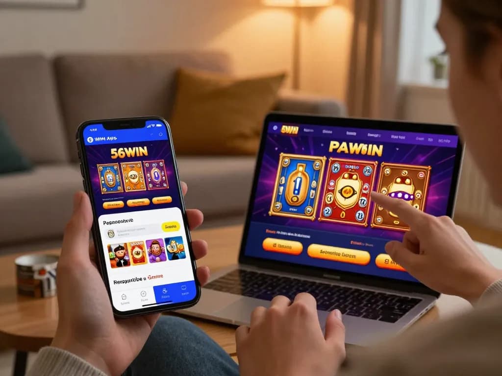Engaging with 56WIN's mobile app for online casino gaming, showcasing user-friendly interface and colorful games