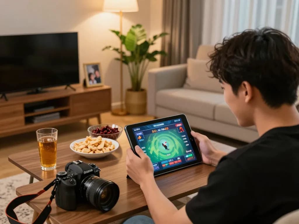 Engaging in live Đá gà thomo streaming from home with a tablet and snacks.
