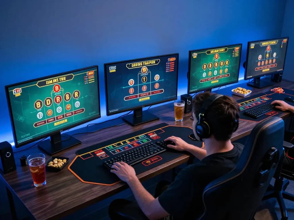 Player engaging in strategic gameplay at 78WIN's online casino with multiple screens and ambient lighting.