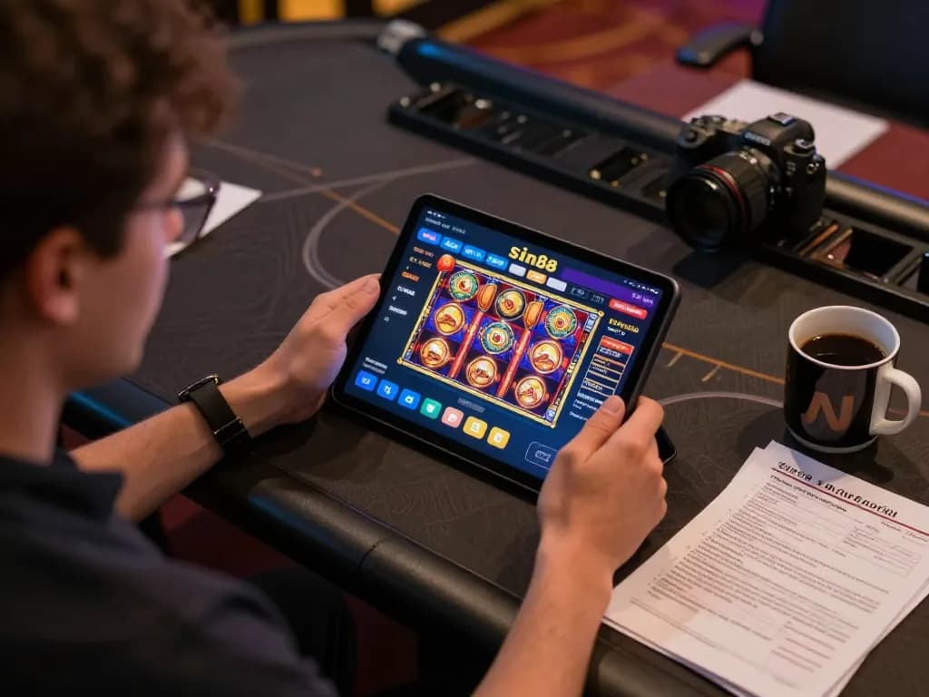Player enjoying sin88 gaming on tablet with strategy notes and coffee in cozy setting.