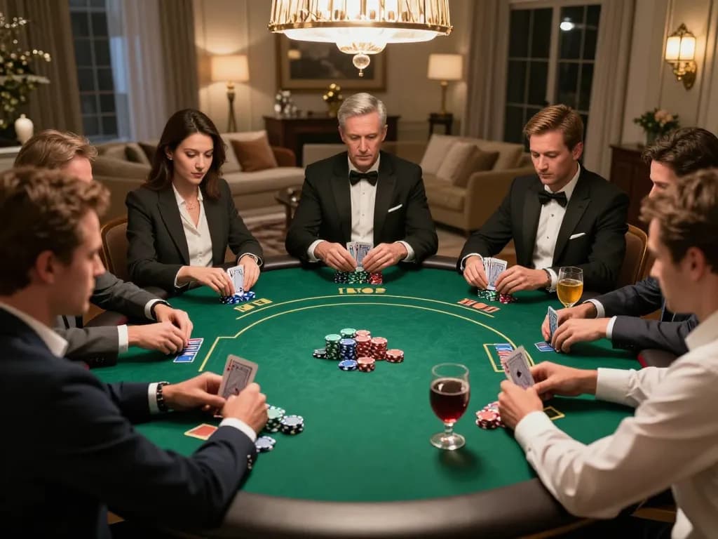 Exciting high-stakes action at a luxurious home poker game featuring 77bet casino players engaged in strategy.