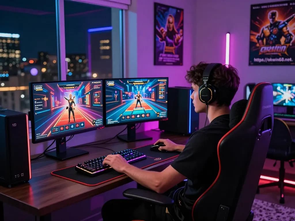 Gamer engaging with vibrant graphics on the Okwin platform at https://okwin68.net/ in a stylish gaming setup with neon lights.