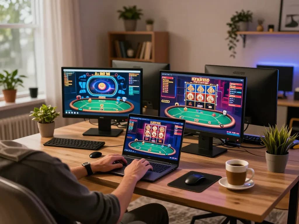 Engaging in online poker gameplay on GI8 platform with cozy home setup and vibrant game interface