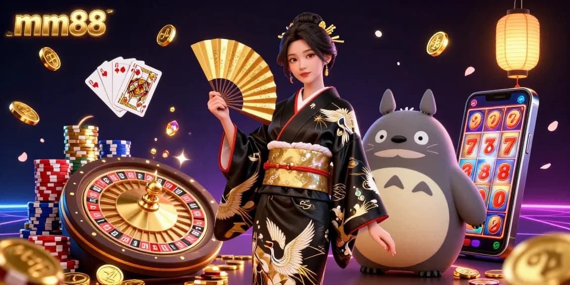 Experience the thrill of mm88 with golden coins cascading and vibrant characters in an online casino scene.