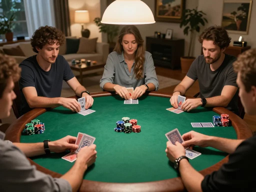Players engaging in a friendly poker game, showcasing five88 strategies with vibrant chips and cards.