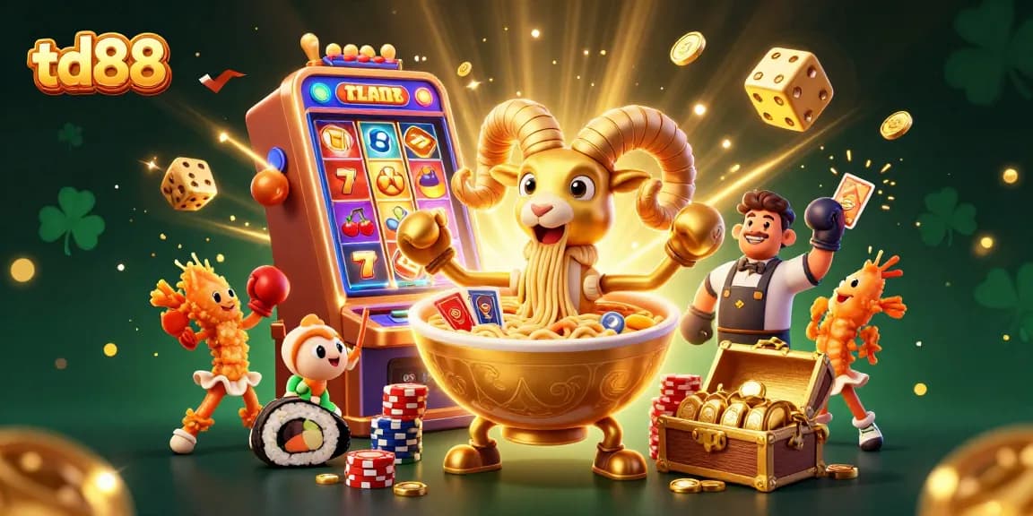 Experience the excitement of td88's vibrant casino scene with animated characters and slot machines.