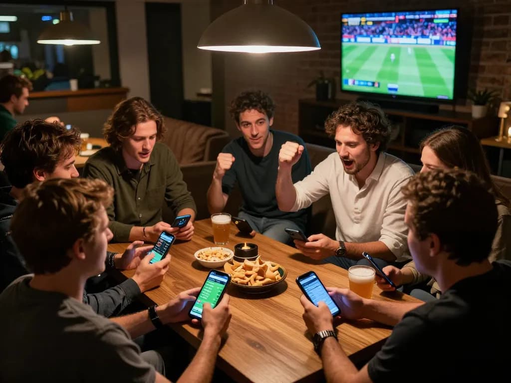 Friends enjoying a sports betting session on their smartphones, celebrating wins with keobongda gaming atmosphere