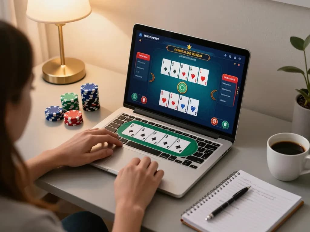 Kuwin online poker player analyzing strategies at home with a laptop interface