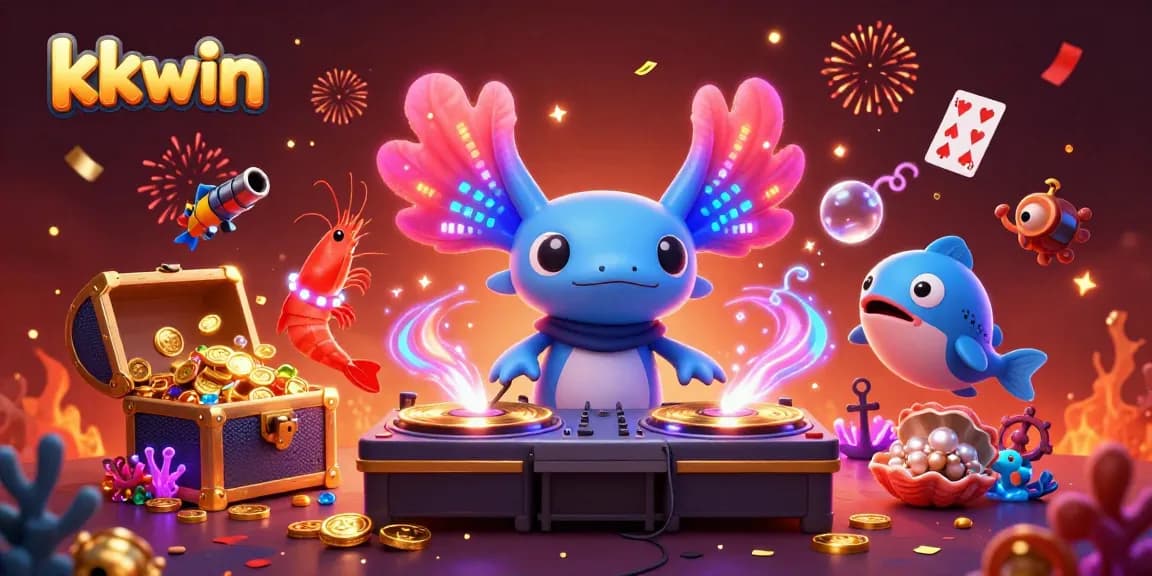 kkwin casino features an axolotl DJ spinning records surrounded by colorful game elements.