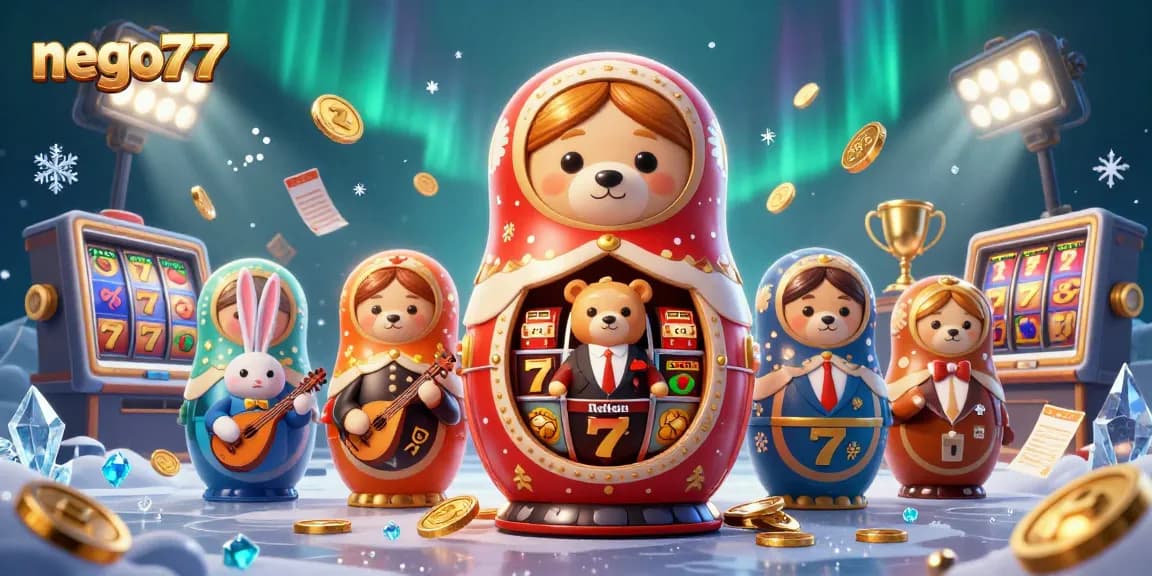 Nego77 platform showcases vibrant casino scene with interactive characters and game elements.