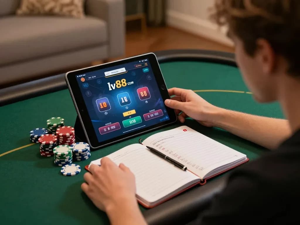 Engaged player strategizing poker moves on lv88 com within a cozy home setup.