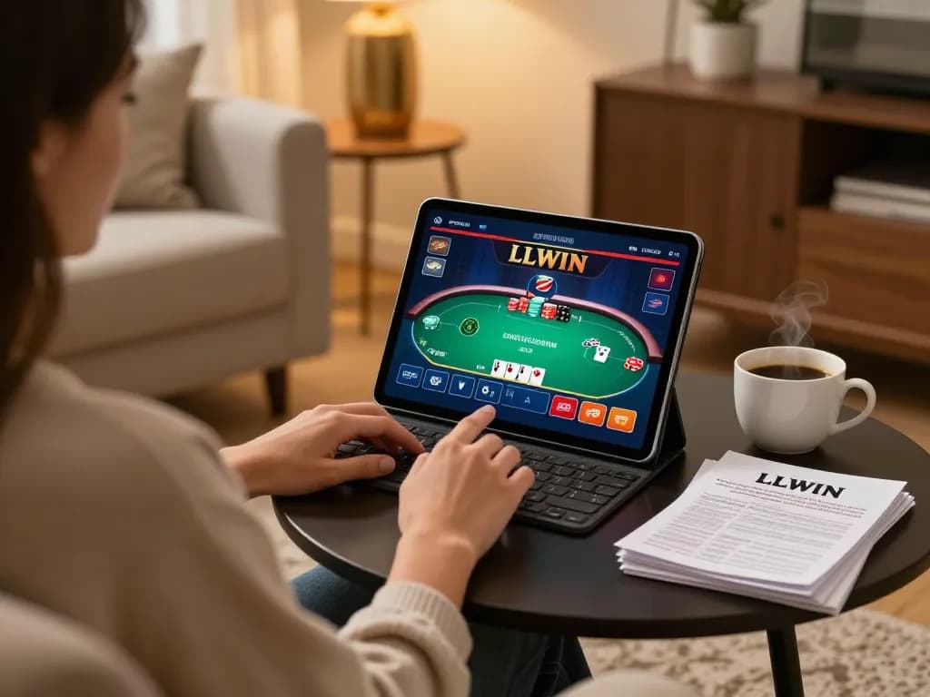 Engaged player enjoying LLWIN casino game on tablet in cozy living room, showcasing strategic gameplay.