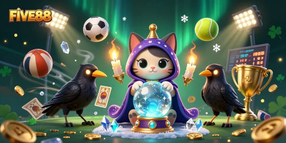 Experience the excitement of FIVE88 casino with a mystical cat, raven, and vibrant gambling symbols.