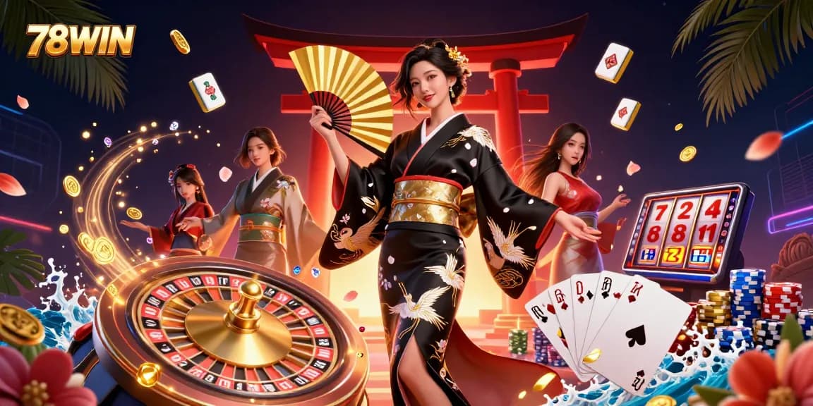 Engage with 78WIN's dynamic casino experience amidst a rich, colorful gambling scene featuring elegant characters and vibrant elements.
