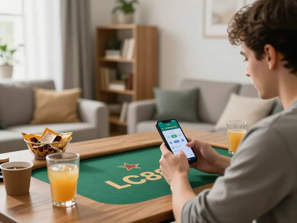 Engaging with LC88 online gaming app on smartphone in a cozy home setting