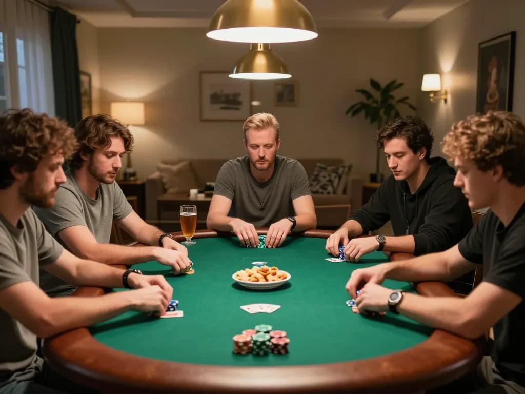 Players enjoying a strategic poker night around a table, showcasing SC88-themed chips and cards.