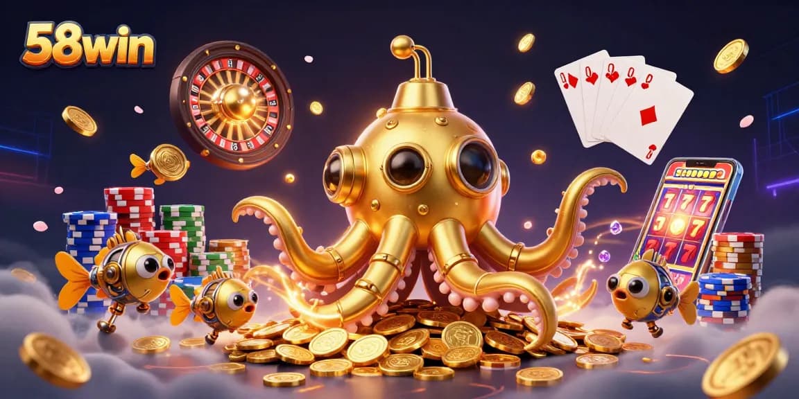 Experience thrilling gaming moments with 58win's golden kraken submarine amidst a treasure of coins.