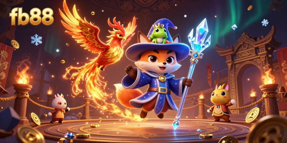 Engage with fb88's vibrant gaming world, featuring a mystical wizard fox and phoenix in a dynamic casino illustration.