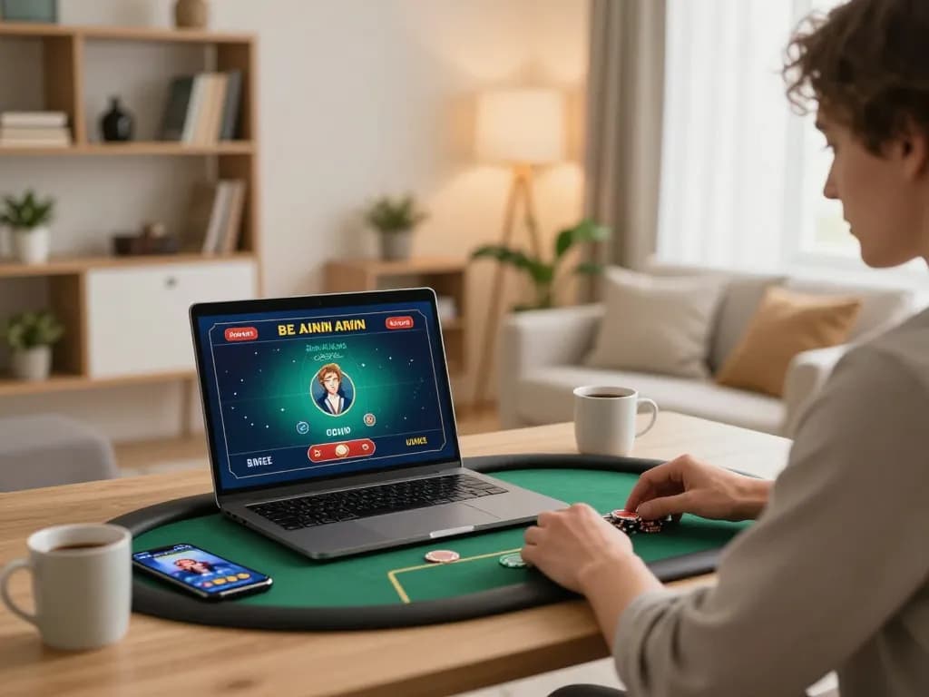 Engaged player enjoying poker at HB88 online casino from a cozy home setup