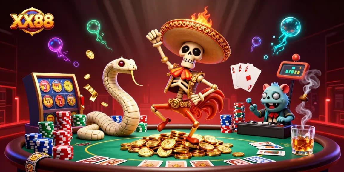 Engage in thrilling games at XX88 with a stunning 3D casino scene filled with vibrant characters and poker elements.
