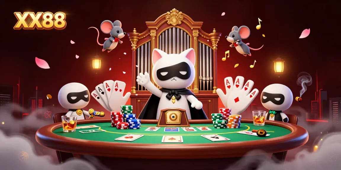 Engage in thrilling gaming at XX88 with an energetic casino illustration showcasing poker elements and vibrant characters.