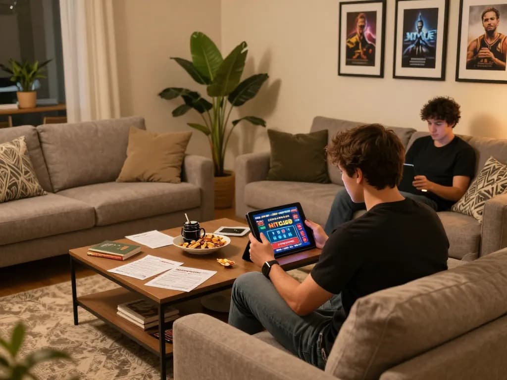 Engaging in online gambling on Hitclub tablet, showcasing a cozy home gaming setup