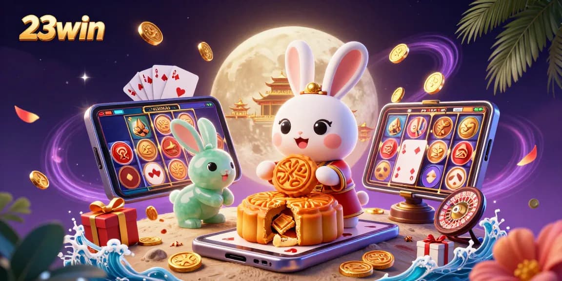 Experience thrilling gaming action with 23win, featuring vibrant casino elements and playful characters in a 3D illustration.