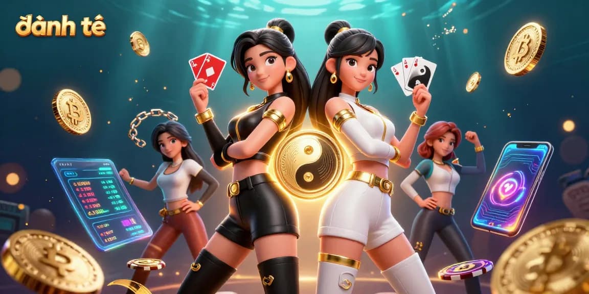 Engage in đánh đề with stunning twin Asian women, one with black and the other with red playing cards.
