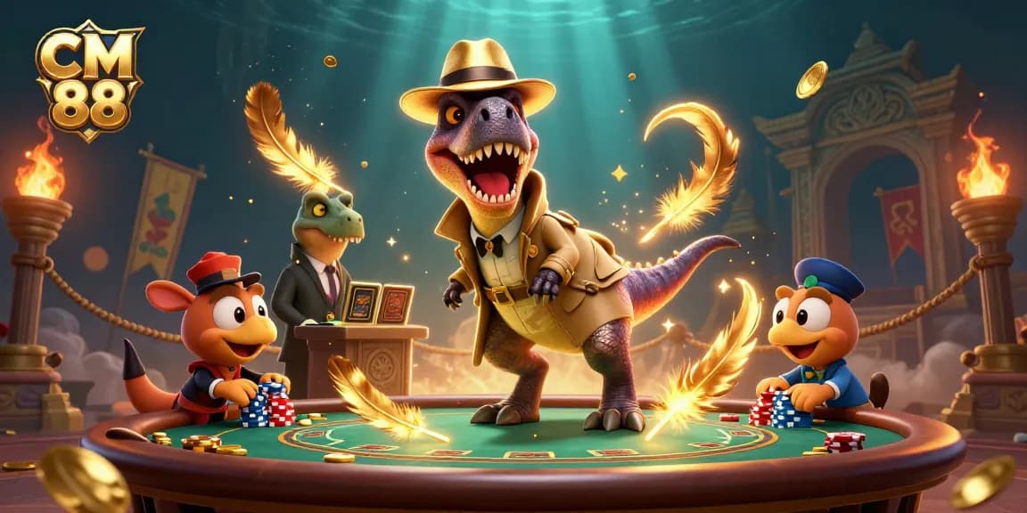 Experience the excitement of CM 88 with this vibrant gambling scene featuring a velociraptor at a blackjack table.