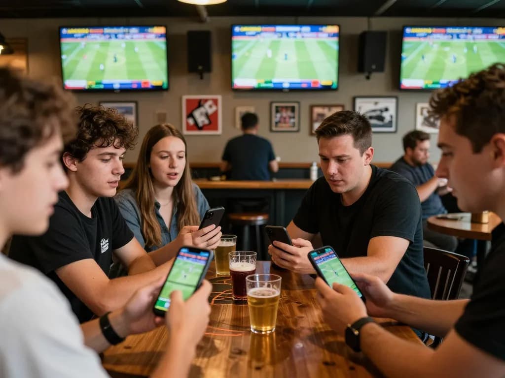Engaged bettors using smartphones for LODE88 mobile sports betting while enjoying the game.