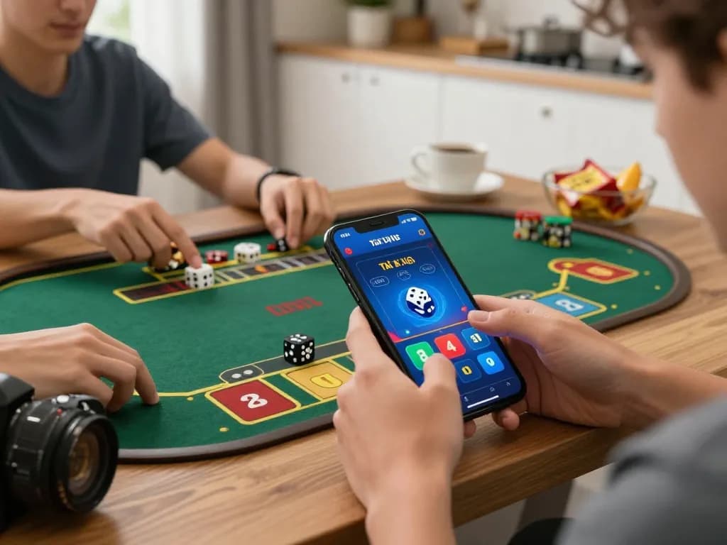 Engaging in a thrilling tài xỉu online game on a mobile app from a cozy home setting