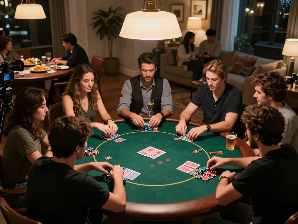 Kaya88 players enjoying a lively poker night with strategic moments at home.