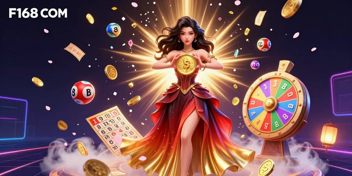 Experience the thrill of F168 COM with a photorealistic Asian woman celebrating a jackpot amidst a vibrant, magical casino scene.