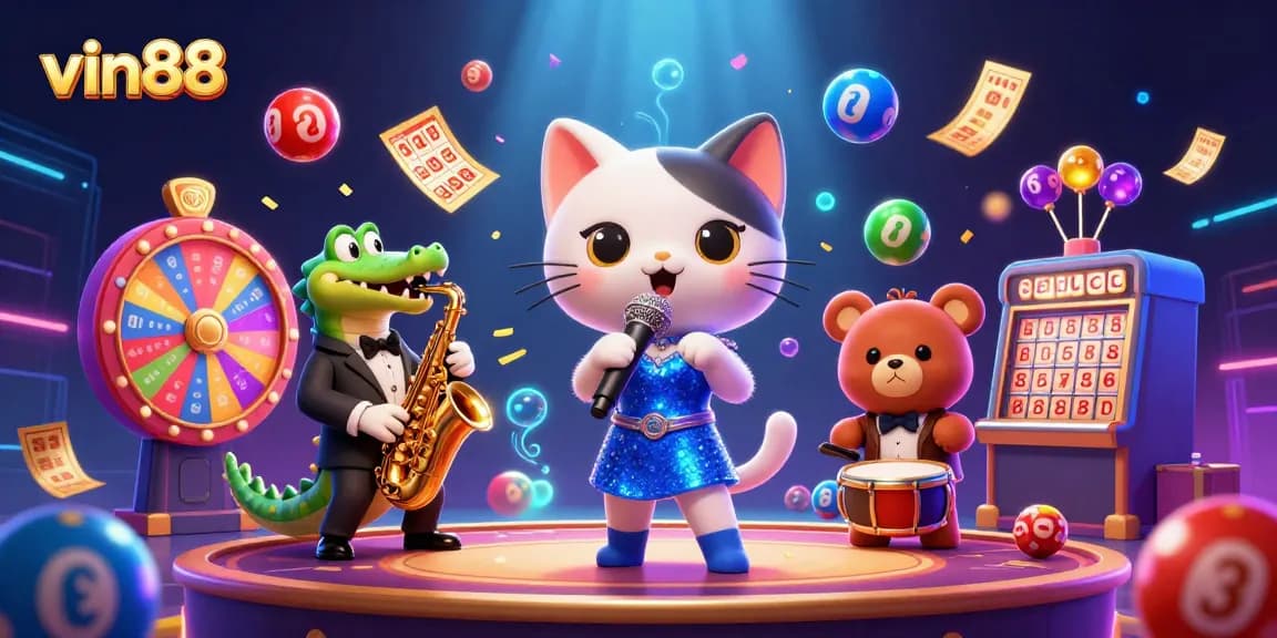 Win big at vin88 with a vibrant 3D casino scene featuring entertaining characters and dynamic gambling elements.